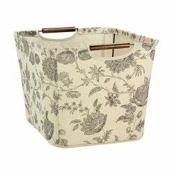 Household Essentials Medium Tapered Storage Bin With Wood Handles, Tan & Black Floral (616-1)
