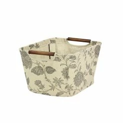 Household Essentials Tapered Storage Bin With Wood Handles, Black Floral (615-1)