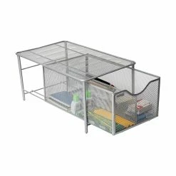 Mind Reader Storage Basket W/ Sliding Drawer And Steel Mesh Platform On Top, Silver (CABASKDR-SIL) -ORGANIZTIONAL STORAGE Sales unnamed file 165