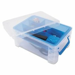 Advantus Super Stacker Divided Storage Box, Clear W/blue Tray/handles, 10.3 X 14.25x 6.5