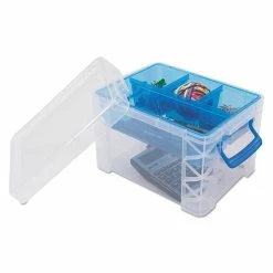 Advantus Super Stacker Divided Storage Box, Clear W/blue Tray/handles, 7 1/2 X 10.12x6.5