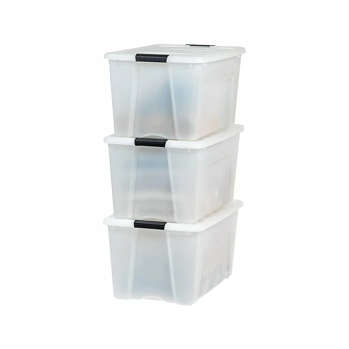 Iris Stack & Pull 72 Qt. Latch Lid Storage Bin, Translucent White/Black, 3/Pack (580106) 3 Iris Stack & Pull 72 Qt. Latch Lid Storage Bin, Translucent White/Black, 3/Pack (580106)